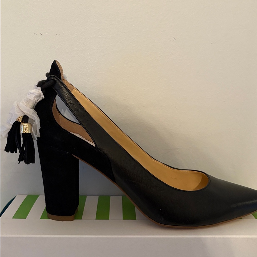 C Wonder Charlotte Leather & Suede Black Heel Pump Tassels Size 8.5 NIB - Picture 3 of 6